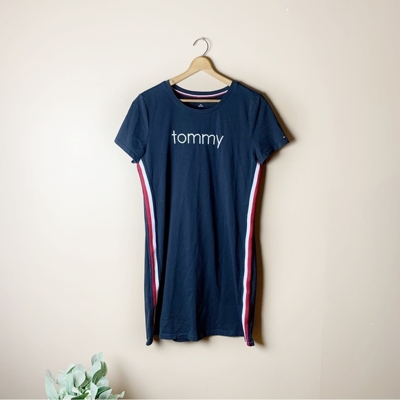 [Tommy Hilfiger] Navy Blue Red & White Striped Detail Short Sleeve Casual Dress - Picture 1 of 9